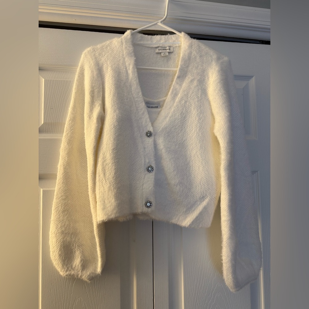 Glamorous Women's White Fuzzy Cardigan Sweater